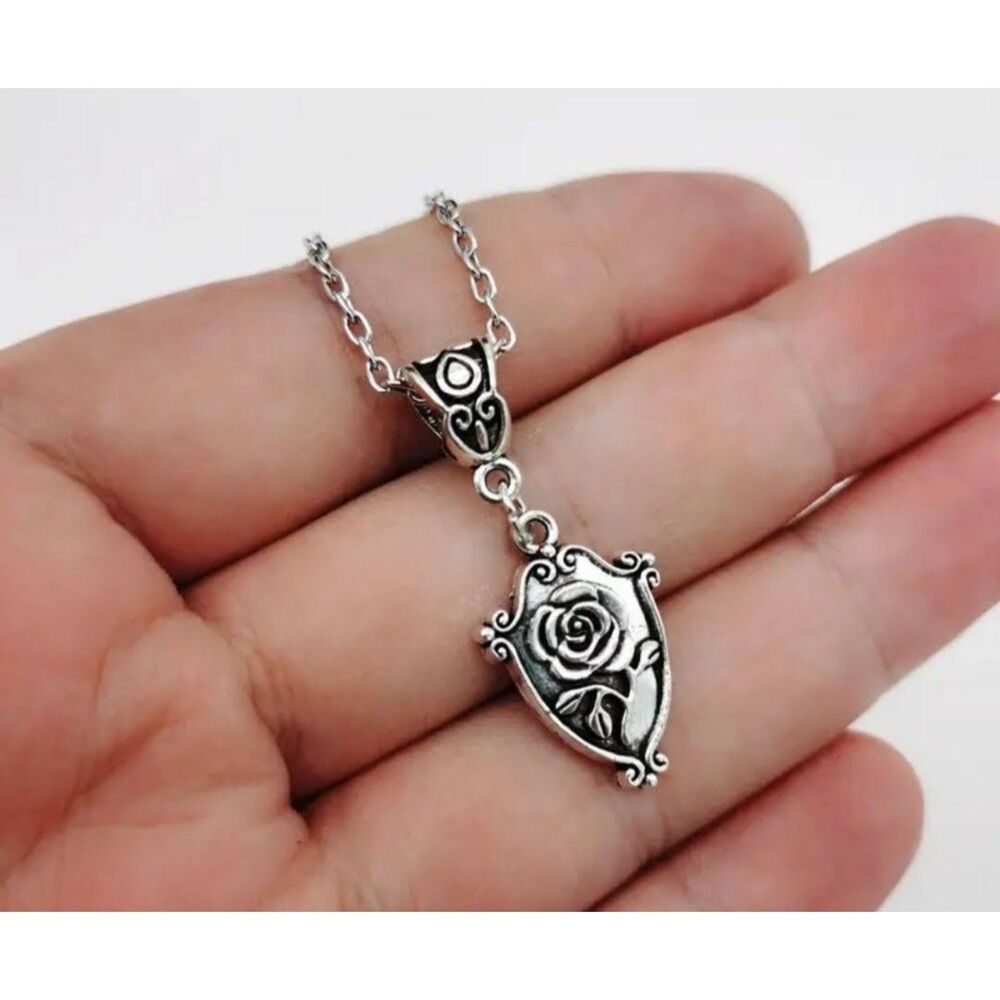 Small 2D Rose Shield Pendant on 16" Fine Silver Chain Necklace - Picture 2 of 3